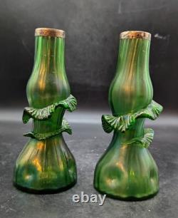 Set/2 Antique Art Nouveau Green Iridescent Bohemian Art Glass Bue Vase Metal Rim