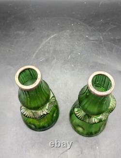 Set/2 Antique Art Nouveau Green Iridescent Bohemian Art Glass Bue Vase Metal Rim