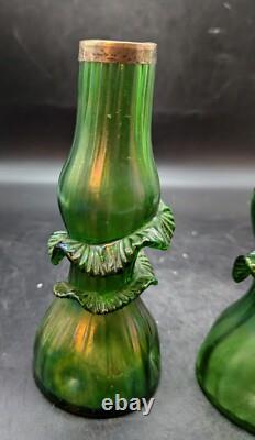 Set/2 Antique Art Nouveau Green Iridescent Bohemian Art Glass Bue Vase Metal Rim