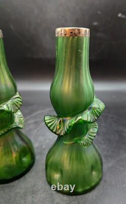 Set/2 Antique Art Nouveau Green Iridescent Bohemian Art Glass Bue Vase Metal Rim