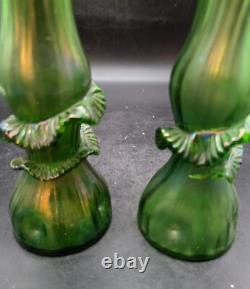 Set/2 Antique Art Nouveau Green Iridescent Bohemian Art Glass Bue Vase Metal Rim