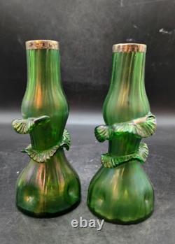 Set/2 Antique Art Nouveau Green Iridescent Bohemian Art Glass Bue Vase Metal Rim