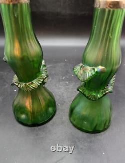 Set/2 Antique Art Nouveau Green Iridescent Bohemian Art Glass Bue Vase Metal Rim