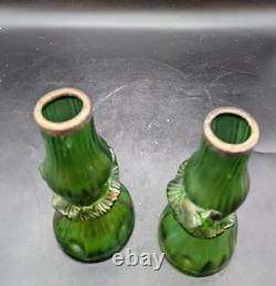 Set/2 Antique Art Nouveau Green Iridescent Bohemian Art Glass Bue Vase Metal Rim