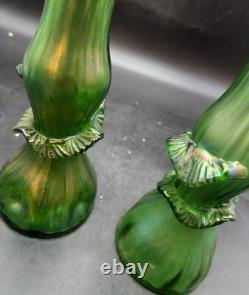 Set/2 Antique Art Nouveau Green Iridescent Bohemian Art Glass Bue Vase Metal Rim