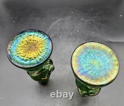 Set/2 Antique Art Nouveau Green Iridescent Bohemian Art Glass Bue Vase Metal Rim