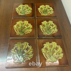 Set Of 6 Antique Art Nouveau Majolica Fireplace Tiles- Brown & Green