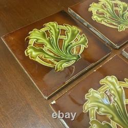 Set Of 6 Antique Art Nouveau Majolica Fireplace Tiles- Brown & Green