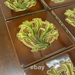 Set Of 6 Antique Art Nouveau Majolica Fireplace Tiles- Brown & Green