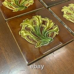 Set Of 6 Antique Art Nouveau Majolica Fireplace Tiles- Brown & Green
