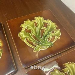 Set Of 6 Antique Art Nouveau Majolica Fireplace Tiles- Brown & Green