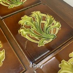 Set Of 6 Antique Art Nouveau Majolica Fireplace Tiles- Brown & Green