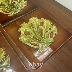 Set Of 6 Antique Art Nouveau Majolica Fireplace Tiles- Brown & Green