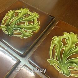 Set Of 6 Antique Art Nouveau Majolica Fireplace Tiles- Brown & Green