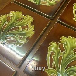 Set Of 6 Antique Art Nouveau Majolica Fireplace Tiles- Brown & Green