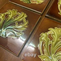 Set Of 6 Antique Art Nouveau Majolica Fireplace Tiles- Brown & Green