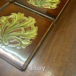 Set Of 6 Antique Art Nouveau Majolica Fireplace Tiles- Brown & Green