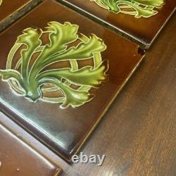 Set Of 6 Antique Art Nouveau Majolica Fireplace Tiles- Brown & Green