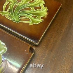 Set Of 6 Antique Art Nouveau Majolica Fireplace Tiles- Brown & Green