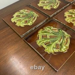 Set Of 6 Antique Art Nouveau Majolica Fireplace Tiles- Brown & Green