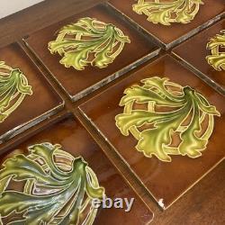 Set Of 6 Antique Art Nouveau Majolica Fireplace Tiles- Brown & Green