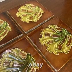 Set Of 6 Antique Art Nouveau Majolica Fireplace Tiles- Brown & Green