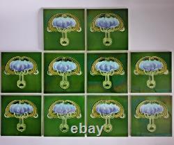 Set of 10 Art Nouveau Fireplace Tiles Green Floral Majolica John Barratt C1907