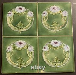 Set of 4 Antique T & R BOOTE Art Nouveau Tiles 1900's Floral Majolica ENGLAND