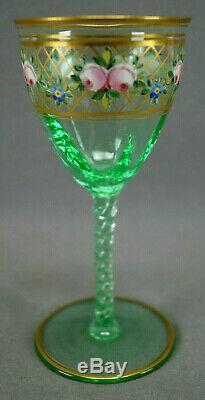 Set of 4 Moser Bohemian Hand Enameled Floral Garland & Gold Green Wine Glasses