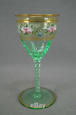 Set of 4 Moser Bohemian Hand Enameled Floral Garland & Gold Green Wine Glasses