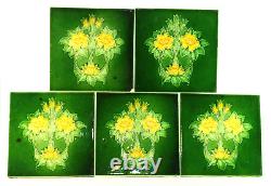 = Set of 5 Art Nouveau Floral Majolica Tiles, Green w Yellow Fireplace or Wall