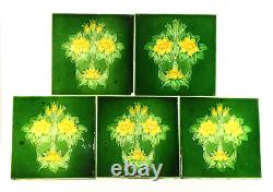 = Set of 5 Art Nouveau Floral Majolica Tiles, Green w Yellow Fireplace or Wall