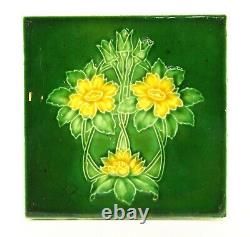 = Set of 5 Art Nouveau Floral Majolica Tiles, Green w Yellow Fireplace or Wall