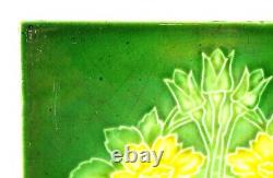 = Set of 5 Art Nouveau Floral Majolica Tiles, Green w Yellow Fireplace or Wall
