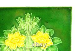 = Set of 5 Art Nouveau Floral Majolica Tiles, Green w Yellow Fireplace or Wall