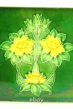 = Set of 5 Art Nouveau Floral Majolica Tiles, Green w Yellow Fireplace or Wall