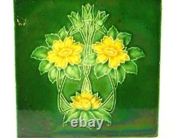= Set of 5 Art Nouveau Floral Majolica Tiles, Green w Yellow Fireplace or Wall