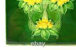= Set of 5 Art Nouveau Floral Majolica Tiles, Green w Yellow Fireplace or Wall