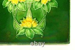 = Set of 5 Art Nouveau Floral Majolica Tiles, Green w Yellow Fireplace or Wall