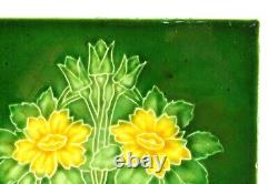 = Set of 5 Art Nouveau Floral Majolica Tiles, Green w Yellow Fireplace or Wall