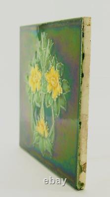 = Set of 5 Art Nouveau Floral Majolica Tiles, Green w Yellow Fireplace or Wall