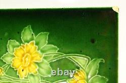 = Set of 5 Art Nouveau Floral Majolica Tiles, Green w Yellow Fireplace or Wall