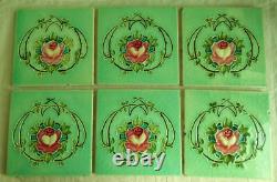 Set of 6 Original Antique Art Nouveau Green Tile Pink stylised flower Richards
