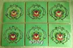 Set of 6 Original Antique Art Nouveau Green Tile Pink stylised flower Richards