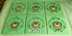 Set of 6 Original Antique Art Nouveau Green Tile Pink stylised flower Richards