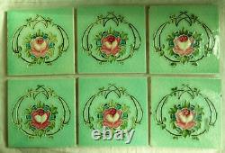Set of 6 Original Antique Art Nouveau Green Tile Pink stylised flower Richards