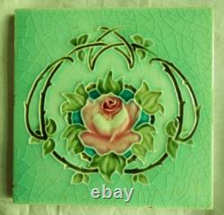 Set of 6 Original Antique Art Nouveau Green Tile Pink stylised flower Richards