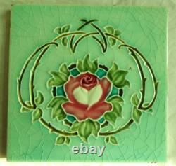 Set of 6 Original Antique Art Nouveau Green Tile Pink stylised flower Richards