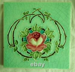 Set of 6 Original Antique Art Nouveau Green Tile Pink stylised flower Richards