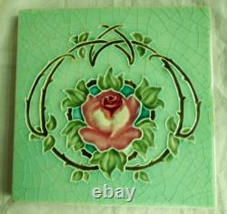 Set of 6 Original Antique Art Nouveau Green Tile Pink stylised flower Richards